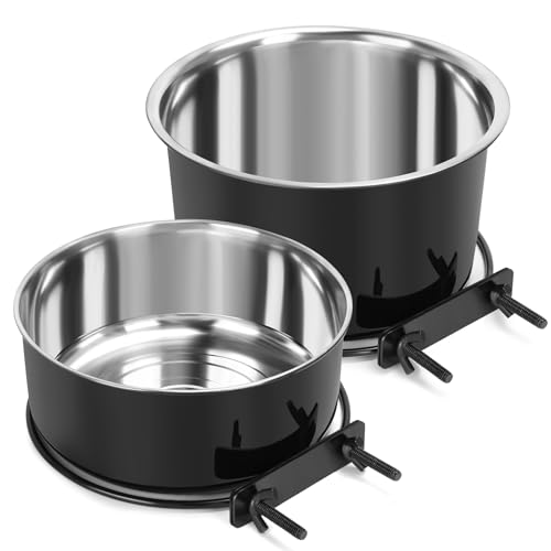 2 Pcs Black Large Pet Dog Food Water Bowl for Cage Stainless Steel Non-Spill Kennel Hanging Cats Bowls with Clamp Holder Crate Feeder Dish for Medium Large Dogs Huge Pets (7.1x3.5'' & 6.3x2.6'') - color: Black, size: L (77 & 45 OZ)