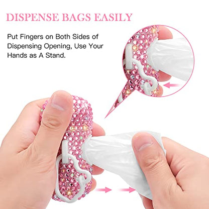 SAVORI Dog Poop Bag Holder Bling Crystal Dog Waste Bags Dispenser for Pet Dog Doggy with Carabiner Clip Includes 1 Roll 15 Bags (Pink) - color: Pink