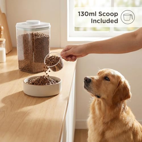 Dog Food Storage Containers 2 Pack, 4L/4.2 Qt Each Airtight Pet Canisters with One-Touch Lids, 130ml Scoops, BPA-Free Stackable Clear Kibble Holders for Kibble, Cat Food and Treats - size: 4.2Qt