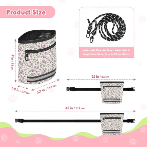 Flower Water-Resistant Dog Treat Pouch, 3 Ways to Wear Treat Bag with Magnetic Closure & Reflective Strip, Hands-Free for Pet Training, Walking