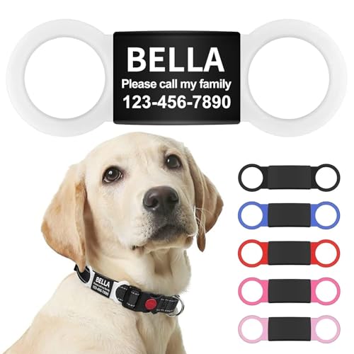 LaReine Silent Slide On Pet ID Tags, Personalized Laser Engraved on Collar, Colored Elastic Silicone Band and S/M/L/XL Black Stainless Steel Cat Dog Name Plate (White, Large) - color: White, size: Large