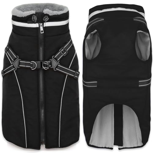 Fragralley Dog Coat with Harness Built in, Waterproof Windproof Reflective Warm Puffer Jacket, Fleece Lined Vest Winter Parka for Small, Medium, Large Dogs - color: Black, size: Large