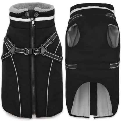 Fragralley Dog Coat with Harness Built in, Waterproof Windproof Reflective Warm Puffer Jacket, Fleece Lined Vest Winter Parka for Small, Medium, Large Dogs - color: Black, size: Large