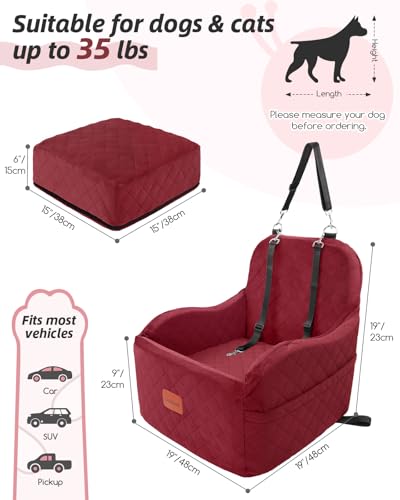 Lealchum Dog Car Seat for Small/Medium Dogs,6in Elevated Cushion,Fits in Front/Back Seat,Fully Detachable and Washable,2 Storage Pockets,Easy to Install (Red, Medium) - color: Red