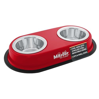 Master Pet Supply Double Dog Bowls Set with Elevated Base and 2 (8 oz) Stainless Steel Removable Dishes (Crimson Flame) – Double Cat Food Water Bowl, Dog Puppy Food Bowl Set, Rust Resistant - color: Crimson Flame