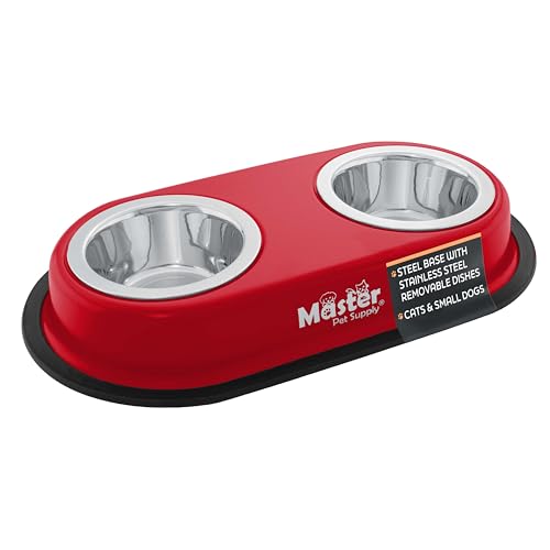 Master Pet Supply Double Dog Bowls Set with Elevated Base and 2 (8 oz) Stainless Steel Removable Dishes (Crimson Flame) – Double Cat Food Water Bowl, Dog Puppy Food Bowl Set, Rust Resistant - color: Crimson Flame
