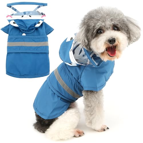 Zunea Waterproof Dog Raincoat with Hood for Small Dogs Reflective Puppy Rain Jacket Clothes with Leash Hole Funny Shark Pattern Pet Dog Poncho Slicker Costumes Chihuahua Doggie Rainwear Blue XS - color: blue, size: XS