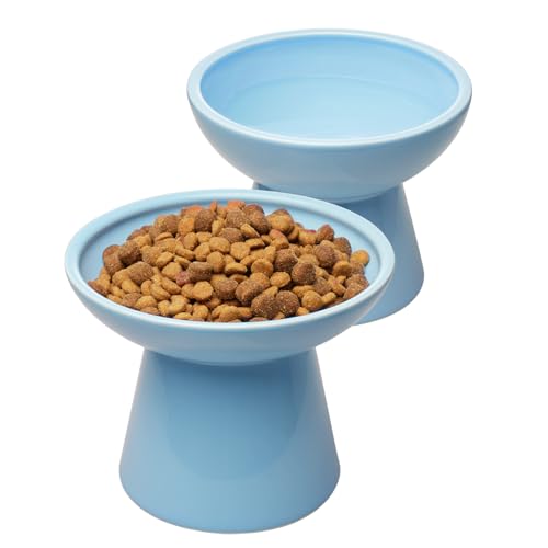 CEEFU 2 Elevated Ceramic Cat Bowls Extra Wide for Food & Water – Whisker Fatigue Shallow Food Dish, Lead & Cadmium-Free, Raised Height for Cats, Blue - color: Baby Blue