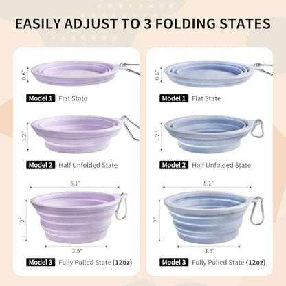 Collapsible Dog Bowls 2-Pack, Portable Travel Dog Bowl with Carabiner, Food-Grade Silicone Pet Bowl for Hiking, Walking (Macaron Blue and Violet) - color: 12 OZ Macaron Blue and Violet