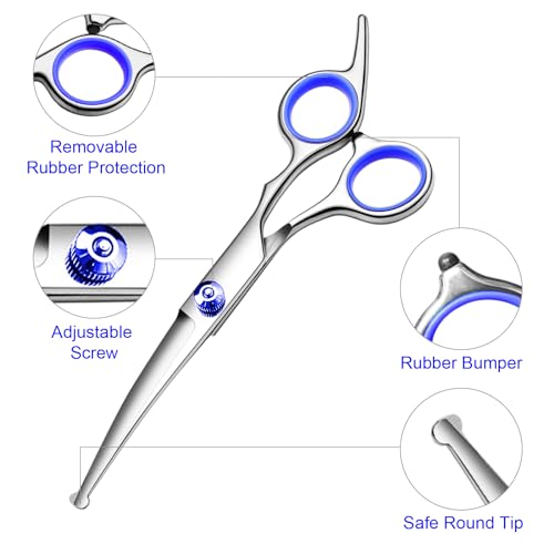 Dog Grooming Scissors Kit, Premium Stainless Steel Dog Shears with Curved Shears, Sharp Durable for Dogs Cats+Blue 4 Piece - color: Blue 4 Piece