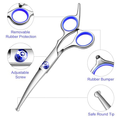 Dog Grooming Scissors Kit, Premium Stainless Steel Dog Shears with Curved Shears, Sharp Durable for Dogs Cats+Blue 4 Piece - color: Blue 4 Piece