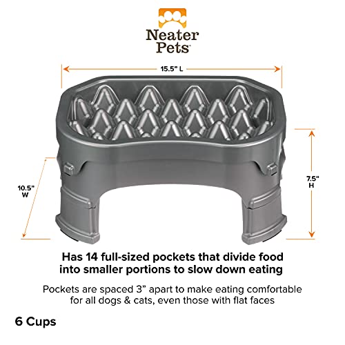 Neater Pet Brands – Neater Raised Slow Feeder Dog Bowl – Elevated and Adjustable Food Height - (6 Cup, Gunmetal)