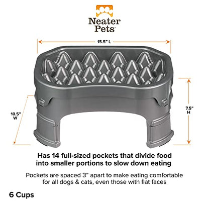Neater Pet Brands – Neater Raised Slow Feeder Dog Bowl – Elevated and Adjustable Food Height - (6 Cup, Gunmetal)