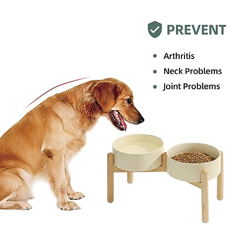 Havniva 8.3inch Ceramic Raised Dog Bowl with Stand, Double Dog Bowls Elevated for Large Breed Dog Food and Water Bowl Set Non-Slip Dog Dish Large Capacity Feeding Pet Water Bowl - color: 2 Bowls+Stand - Light Yellow, size: 8.3inch