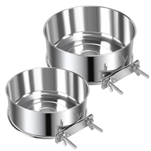 2 Pcs Large Pet Dog Food Water Bowl for Cage Stainless Steel Non-Spill Kennel Hanging Cats Bowls with Clamp Holder Crate Feeder Dish for Medium Large Dogs Huge Pets (7.1x2.5'' & 6.3x2.4'') - color: Silver, size: L (56 & 41 OZ)