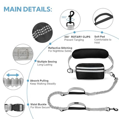Hands Free Dog Leash with Pouch, Retractable Bungee with Double Padded Handles, Dog Leashes with Bungee for Medium & Large Puppy - color: Silvery
