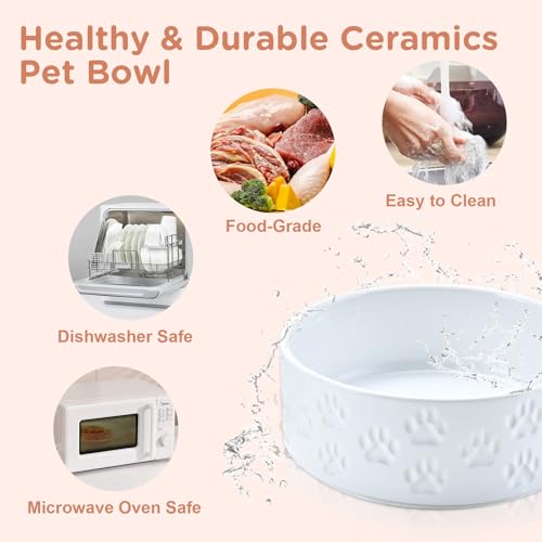 SPUNKYJUNKY Elevated Dog Bowls Ceramic, 5.1'' Dogs and Cat Food Water Bowls Raised with Non-Slip Bamboo Stand for Puppy Small Sized Breed Microwave Dishwasher Safe - 13.5 OZ,Paw White - color: Paw White, size: 5.1 in - 1.7 cups
