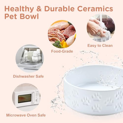 SPUNKYJUNKY Elevated Dog Bowls Ceramic, 5.1'' Dogs and Cat Food Water Bowls Raised with Non-Slip Bamboo Stand for Puppy Small Sized Breed Microwave Dishwasher Safe - 13.5 OZ,Paw White - color: Paw White, size: 5.1 in - 1.7 cups