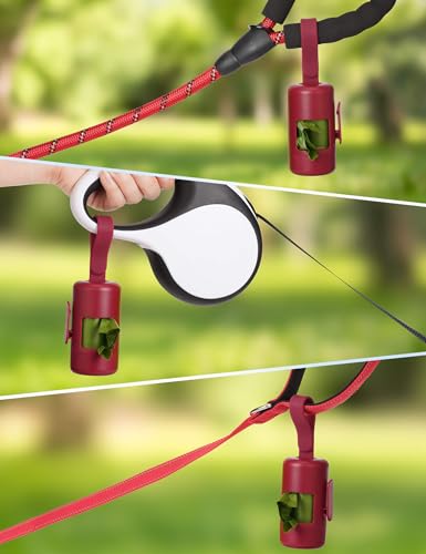 Gobeigo Dog Poop Bag Holder【Convenient Hook for Used Bags】【Silicone Strap Fits Any Leash】【Large Opening for Easy Dispensing】with 1 Roll Waste Bags (Red) - color: Red