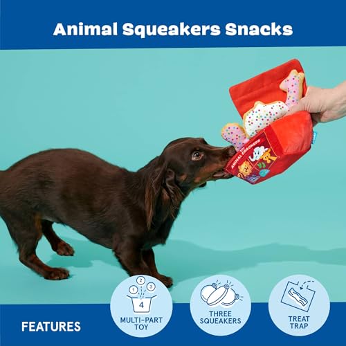 Barkbox Animal Squeakers 4-in-1 Interactive Plush Dog Toy - Squeaky Dog Toys with Crinkle Box and Treat-Hiding - for Extra Small to Small Dogs and Puppies