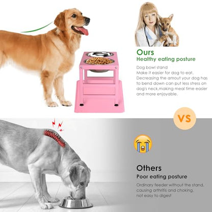 ADENGL Pink Metal Raised Dog Bowl Stand for Large Dogs, Stronger Elevated Dogs Bowls with Sprill Proof Mat, Food & Water Bowl 10in Tall Feeder (42OZ-Stainless Steel Dog Bowls, Mat-12x19 in) - color: Pink - L Silicone Dog Mat, size: Height:10inch