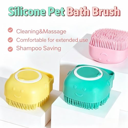 2-in-1 Dog Bath Brush with Built-in Shampoo Dispenser, Soft Silicone Bristles Grooming Scrubber, Non-Slip Handle Massage Brush for Long & Short Haired Dogs, Cats and Small Pets