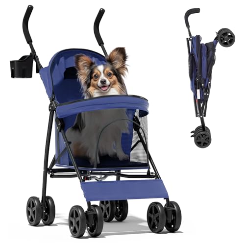 Magshion Compact Pet Stroller for Small-Medium Dogs/Cats up to 22lbs, 4-Wheel Lightweight Umbrella Shaped Portable Puppy Travel Jogger with Breathable Mesh, Cup Holder & Rear Storage, Navy Blue - color: Navy Blue, style: Up to 22 lbs