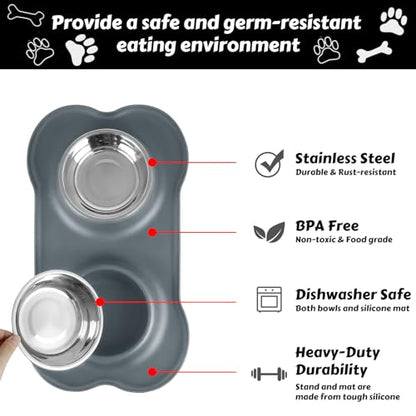 AsFrost Dog Food Bowls Stainless Steel Dog Food & Water Bowl Set with No Spill No Slip Silicone Mat, Dog Dishes for Small Medium Size Dogs Pet Cat Puppy Food Feeding Bowls, Grey, 24oz, 3 Cup - color: Grey, size: 3 Cup/27 oz each