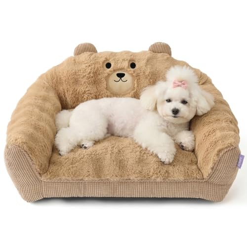 LE SURE Cute Dog Couch Bed, Small Dog Couch with Fluffy Original Bear Design, Cat Couch Bed with Removable Washable Cover, Puppy Bed for Small Pets, 28 inch, Almond
