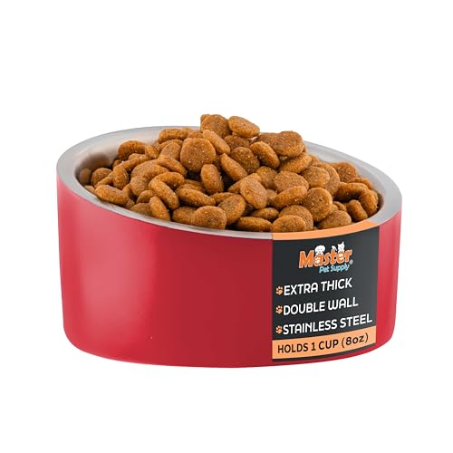 Master Pet Supply Stainless Steel Slanted Dog Cat Food Bowl - 8 oz Heavy Duty - Crimson Flame, Double Wall Insulated, Non-Slip Elevated Bowl for French Bulldogs Pugs Cats, Anti Rust Dishwasher Safe - color: Crimson Flame, size: 1 Cup (8 oz)