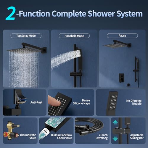 SR SUN RISE 10 Inch Slide Bar Shower Faucet Luxury High Pressure Shower Heads and Handheld Spray Combo Set Wall Mounted Shower System Included Valve and Trim Kit, Matte Black - color: Matte Black, style: 10"