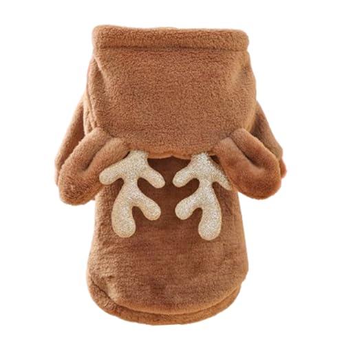 Reindeer Dog Costume Christmas Small Dog Hoodies with Antlers and Plush Ears Fleece Puppy Sweatshirt Winter Cat Clothes Cold Weather Coat Pet Santa Outfit (Brown, Medium) - size: Medium