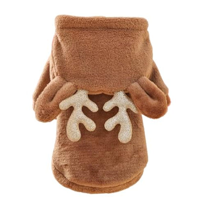 Reindeer Dog Costume Christmas Small Dog Hoodies with Antlers and Plush Ears Fleece Puppy Sweatshirt Winter Cat Clothes Cold Weather Coat Pet Santa Outfit (Brown, Medium) - size: Medium