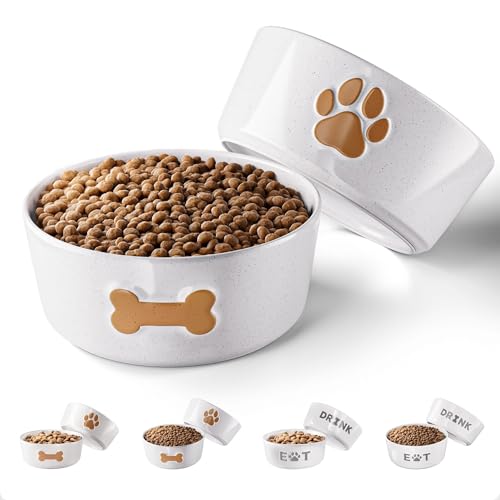 Ceramic Dog Bowl Set of 2 with Anti-Skid Base - 6.5" Wide x 2.5" Tall Ceramic Dog Bowls Medium Sized Dogs - 3.8 Cup Capacity Food and Water Bowls for Dogs - Rubber Bottom Pet Bowl Set of 2 Medium Size - color: Brown, size: Medium 6.5"