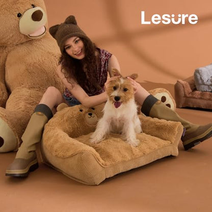 LE SURE Cute Dog Couch Bed, Small Dog Couch with Fluffy Original Bear Design, Cat Couch Bed with Removable Washable Cover, Puppy Bed for Small Pets, 28 inch, Almond