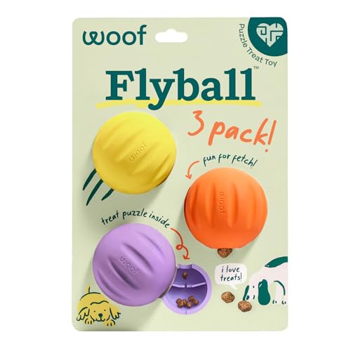 WOOF Flyball - 2-in-1 Fetch Ball and Dog Treat Dispenser Toy - Interactive Puzzle for Enrichment - Fits Standard Ball Launchers - Durable, Tooth-Friendly Rubber - The Perfect Dog Gift - 3 Pack