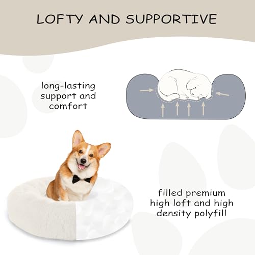 Bunlitent 39 inch Calming Dog Bed, Donut Dog Bed for Large Sized Dog, White | Plush Anti-Anxiety, Donut Shape, Warming Cozy, Round Cuddler Nest, Soft Cute,Marshmallow Cuddler Nest Pet Bed - color: White, size: 39"L x 39"W x 8"Th