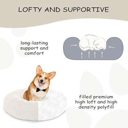 Bunlitent 39 inch Calming Dog Bed, Donut Dog Bed for Large Sized Dog, White | Plush Anti-Anxiety, Donut Shape, Warming Cozy, Round Cuddler Nest, Soft Cute,Marshmallow Cuddler Nest Pet Bed - color: White, size: 39"L x 39"W x 8"Th