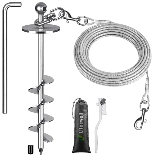 Dog Tie-Out Cable and Stake – 30ft Chew-Proof Stainless Steel Cable, 16-Inch Heavy-Duty Dog Anchor for Dogs Up to 200lbs, No Tangle, Dog Runner for Yard and Camping - color: Silver-E, size: 30ft cable + stake