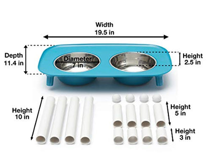 Messy Mutts Elevated Double Feeder with Stainless Bowls | Adjustable Height 3”, 5”, or 10” | Adjustable Standing Feeder for Dogs | 5 Cups per Bowl | Blue - color: Blue