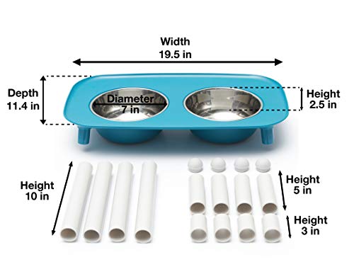 Messy Mutts Elevated Double Feeder with Stainless Bowls | Adjustable Height 3”, 5”, or 10” | Adjustable Standing Feeder for Dogs | 5 Cups per Bowl | Blue - color: Blue