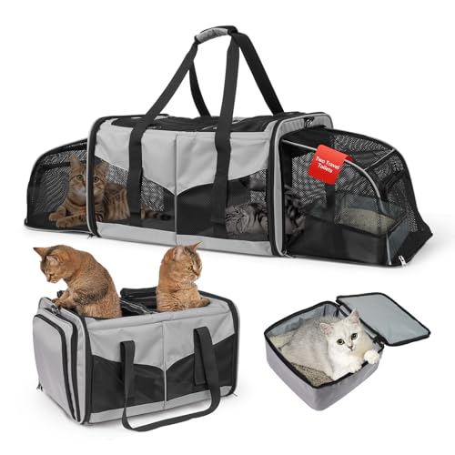 Expandable Cat Carrier for 2 Cats, Double Compartment Large Pet Carrier for Long Distance Car Travel, Includes 2 Portable Litter Boxes, Foldable Multi-Cat Travel for Road Trips & Camping, Gray - color: Gray