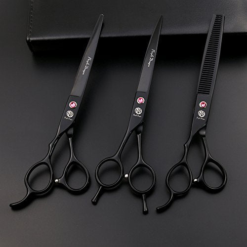 Purple Dragon 7.0" Left Handed Dog Grooming Hair Cutting Scissor &Curved &Thinning Shear with Bag - for Mancinism Pet Groomer or Family DIY (Black)