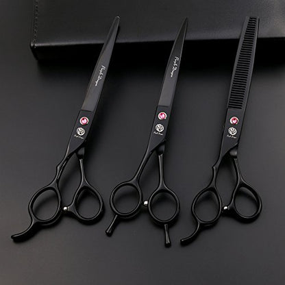 Purple Dragon 7.0" Left Handed Dog Grooming Hair Cutting Scissor &Curved &Thinning Shear with Bag - for Mancinism Pet Groomer or Family DIY (Black)