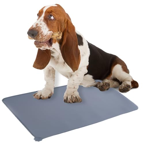 Silicone Pet Feeding Mat for Dogs & Cats – Non-Skid Waterproof Food & Water Bowl Mat with Raised Edges, Easy to Clean Pet Food Floor Mat, Durable Gray Pet Placemat, 19 x 12 Inches