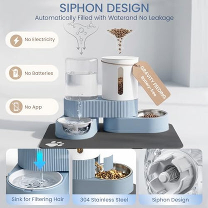 Gravity Cat Feeder and Water Dispenser 2 Pack Automatic Stainless Steel Feeder Bowls with Silicone Mat and Brush Set, Dry Food and Water Dispenser for Cats Small Medium Dogs(Blue) - color: Blue-With mat/brush