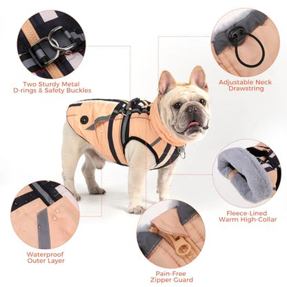 Mihachi Dog Snow Jacket Waterproof Dog Coat with Harness Built in,Thick Fleece Lined & Pockets,Turtleneck Warm Winter Jacket for Large Dogs Reflective Fleece Vest with Zipper,Snowsuit Outfit,Beige L - color: Beige, size: Large