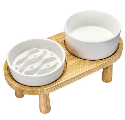 Ceramic Slow Feeder and Water Bowl Set for Small Dogs, 0.6 Cups Dog Slow Feeder(14oz) and 30oz Water Bowl Set, 6in, White - color: White, size: 6-Inch