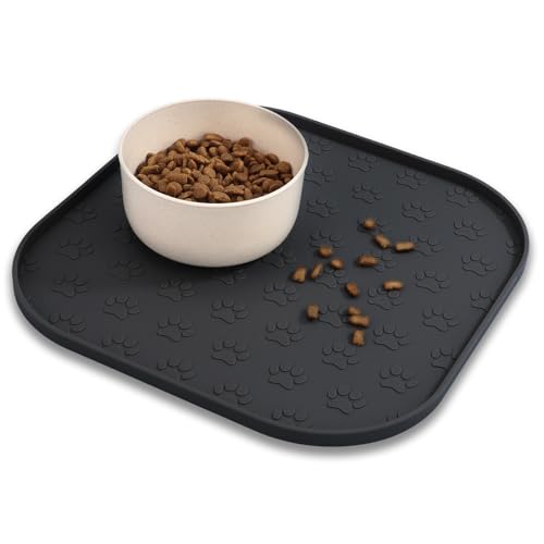 Pet Feeding Mat, Waterproof Anti-Slip Placemats for Dog Cat Bowl Silicone Pet Food Mat, Raised Edge Prevent Spills on Floor & Carpet, Dishwasher Safe (Black, 11" x 11") - color: Black