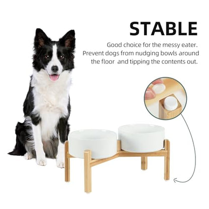 Havniva 7.3” Dog Bowls Elevated Ceramic Dog Food and Water Bowl Set, Double Raised Dog Water Bowl with Stand Non-Slip Rubber Base Large Capacity Feeding Pet Food Bowl for Medium Dogs - color: Matte White - 2 Bowls+Stand, size: 7.3 Inch
